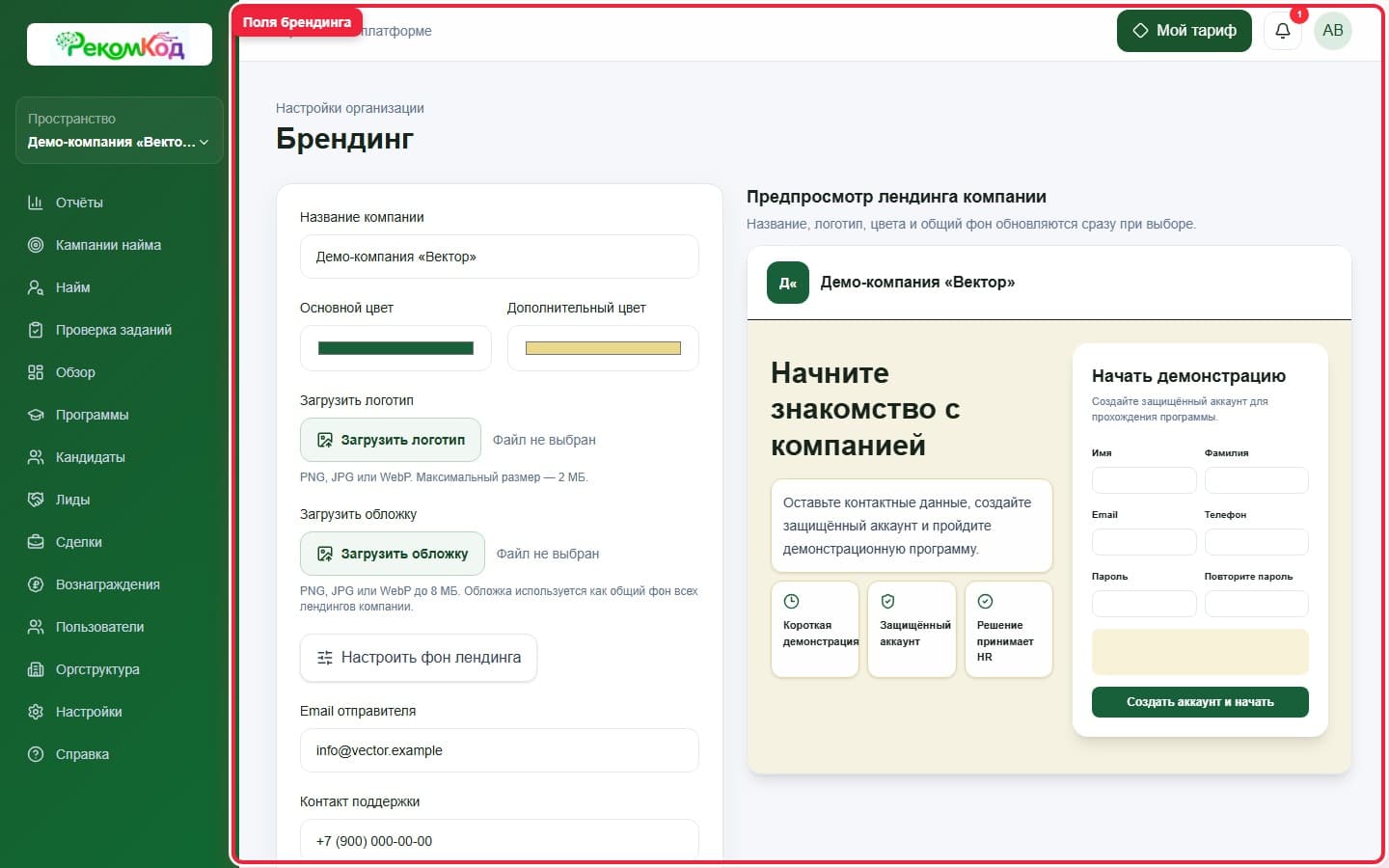 Настройки брендинга. Показана описываемая область интерфейса.
