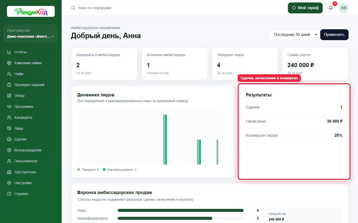 Результаты. Показана описываемая область интерфейса.