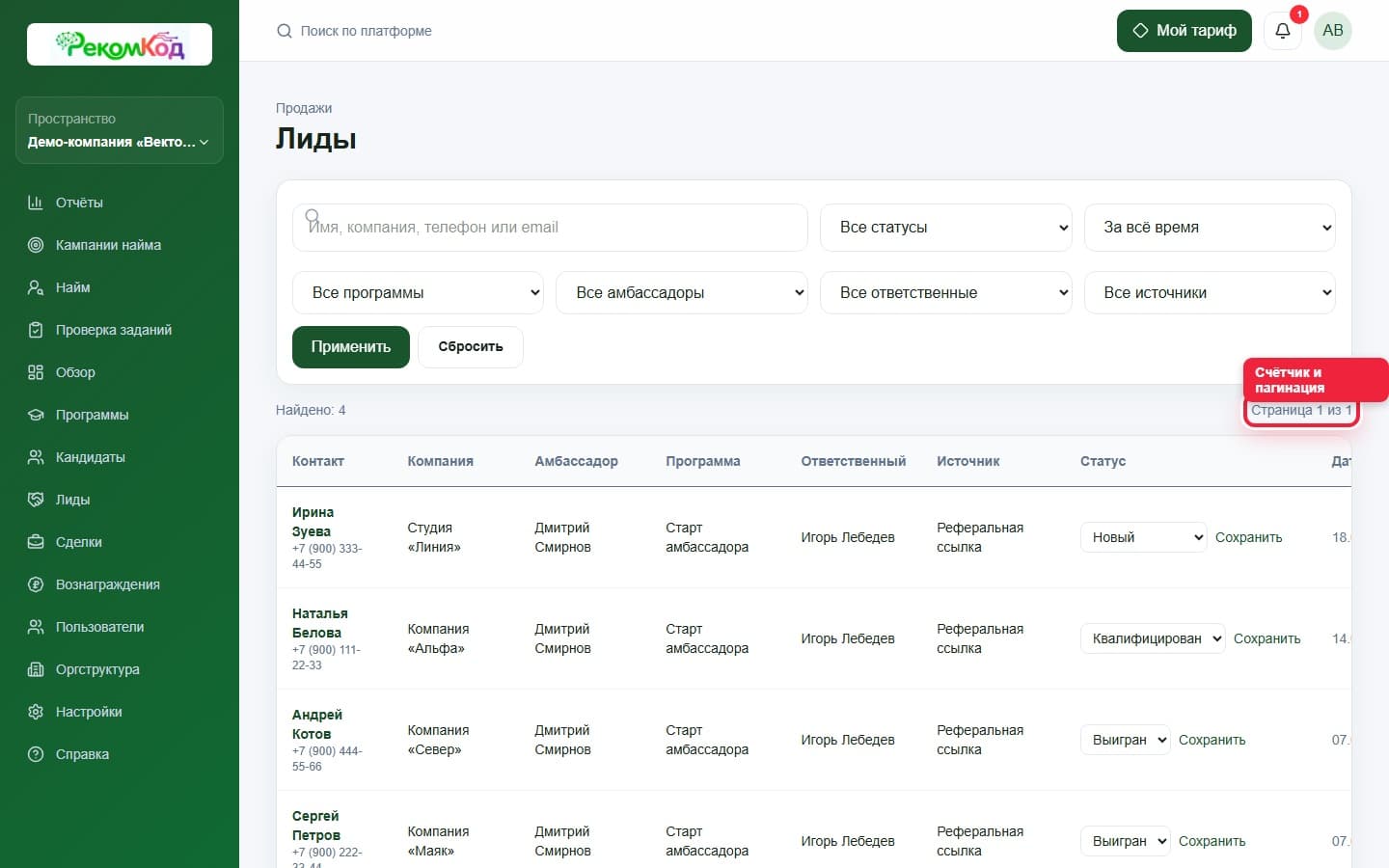 Пагинация. Показана описываемая область интерфейса.